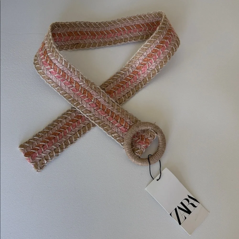 NWT Zara Woven Jute Belt in Natural Pink Multi Boho Casual Festival Size 34